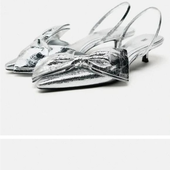 NWT Zara Silver Metallic Bow EU 38 Pointed Toe Slingback Kitten Heel - Picture 3 of 11